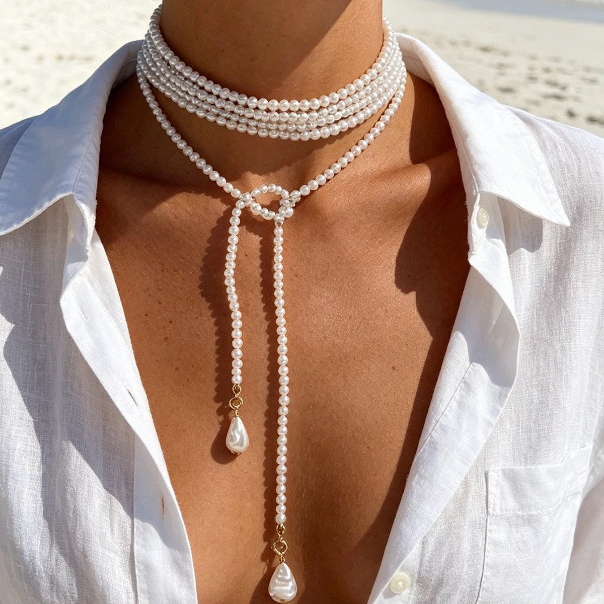 Elegant Layered Faux Pearl Lariat Necklace