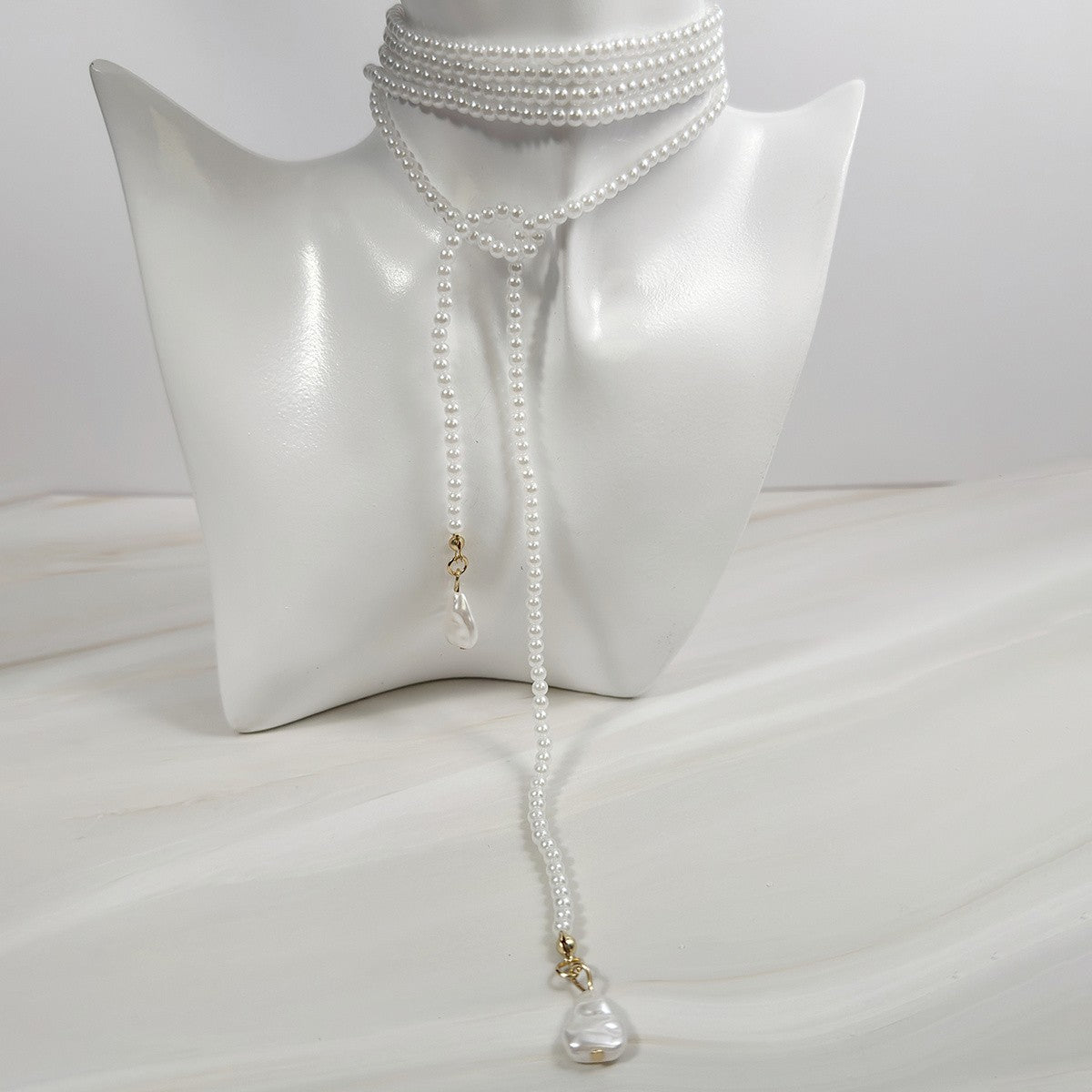 Elegant Layered Faux Pearl Lariat Necklace