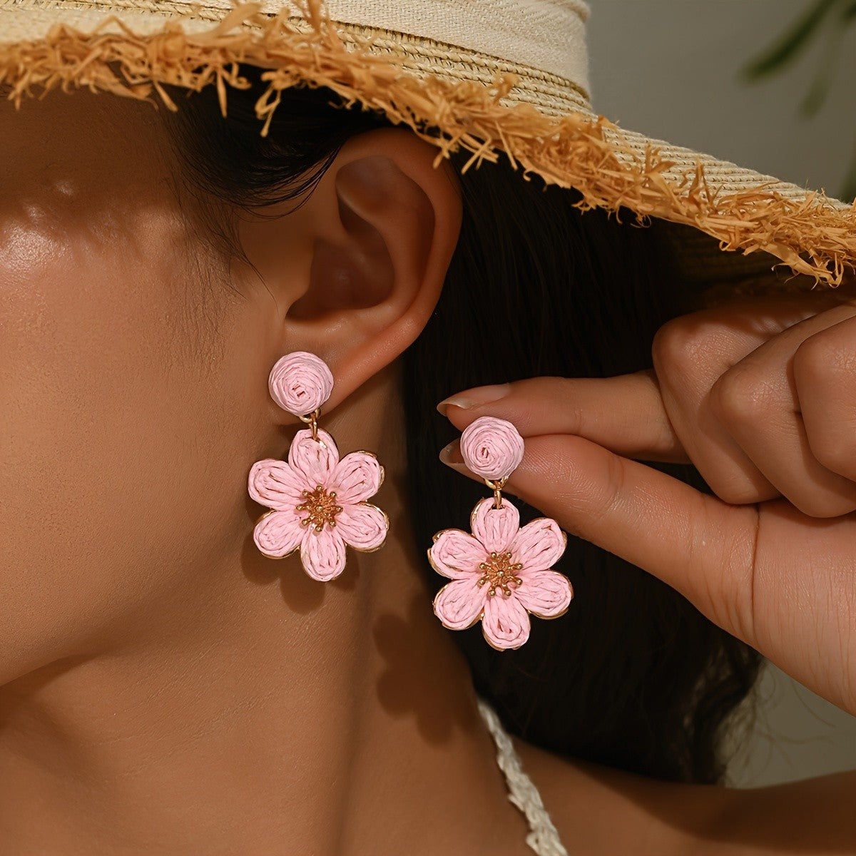 Boho Raffia Flower Drop Earrings