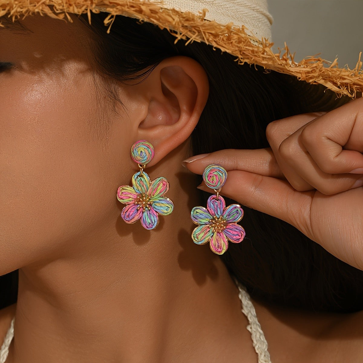 Boho Raffia Flower Drop Earrings