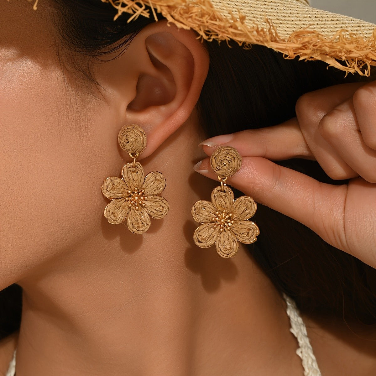 Boho Raffia Flower Drop Earrings