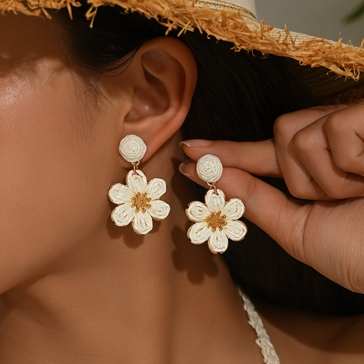 Boho Raffia Flower Drop Earrings