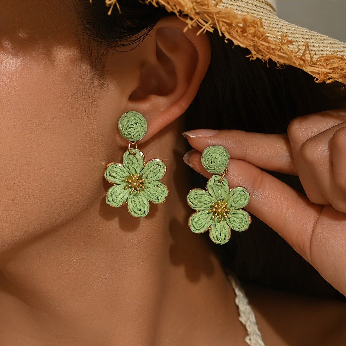 Boho Raffia Flower Drop Earrings