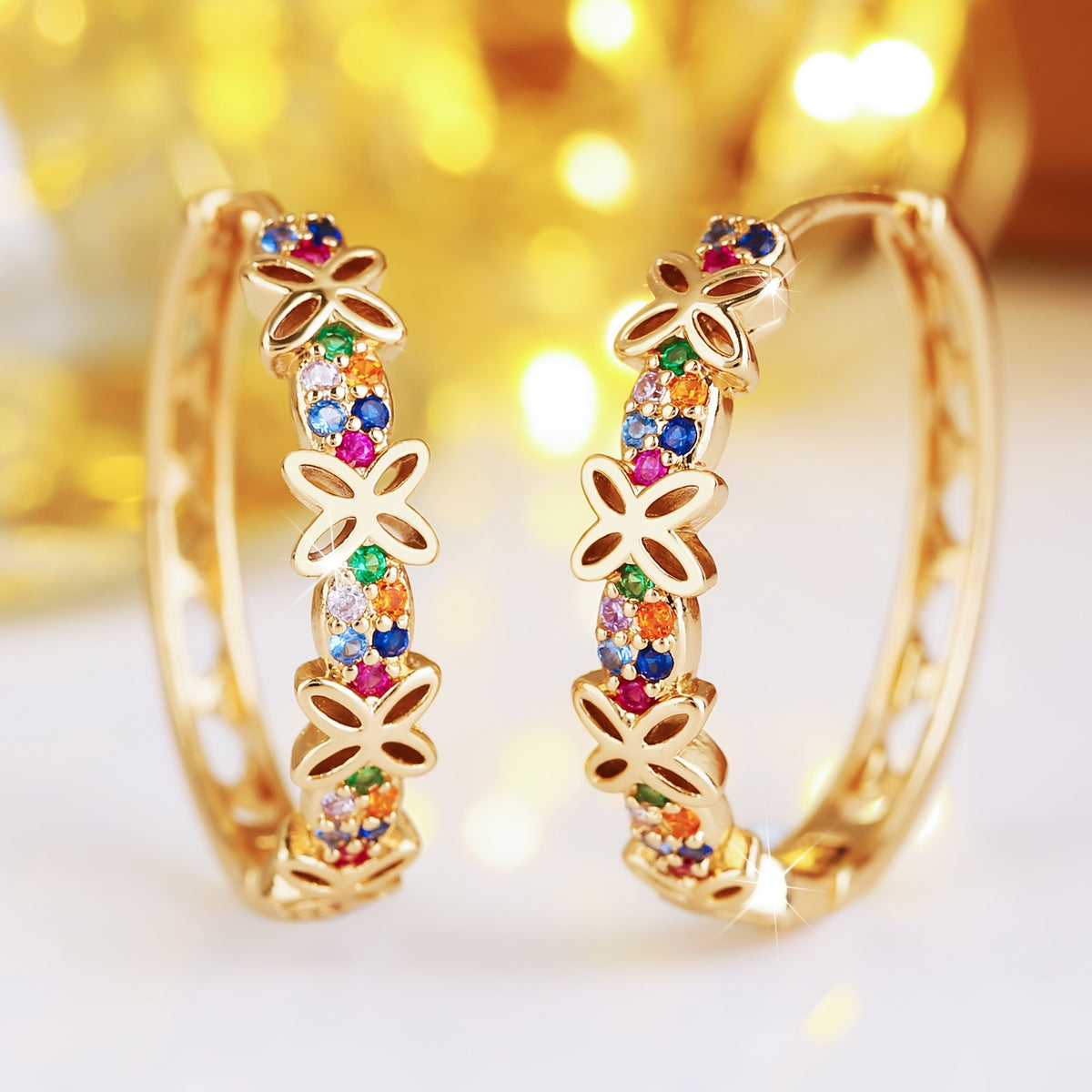 14k Boho Multicolor Floral Hoop Earrings