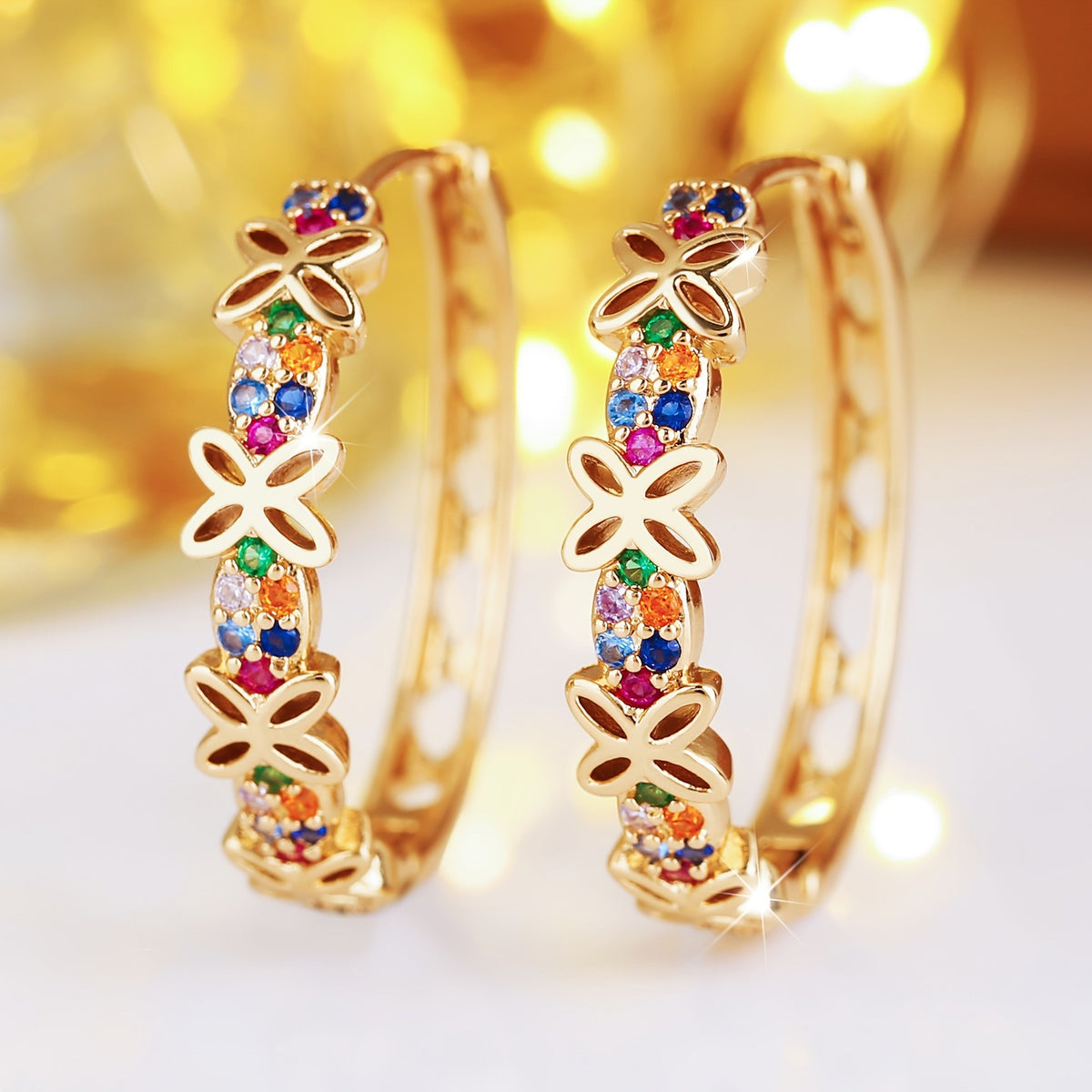 14k Boho Multicolor Floral Hoop Earrings