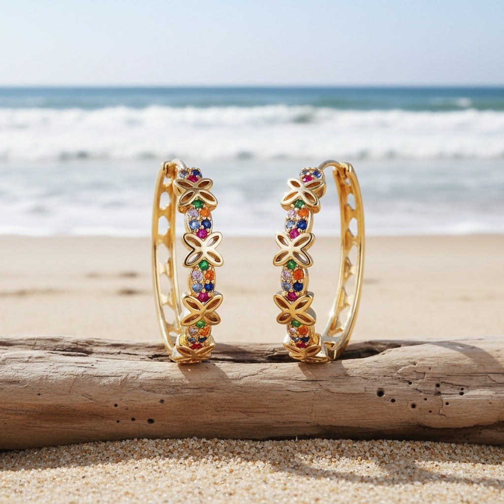 14k Boho Multicolor Floral Hoop Earrings