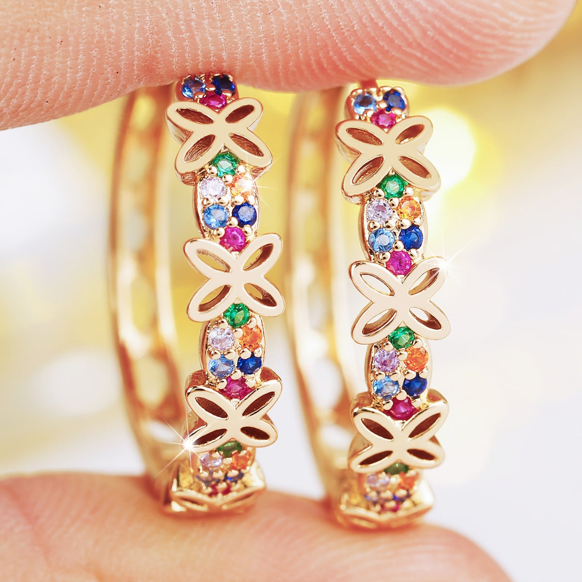 14k Boho Multicolor Floral Hoop Earrings