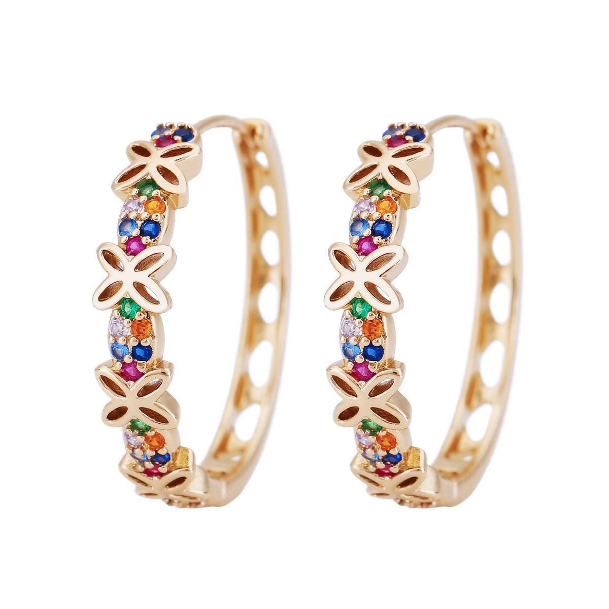 14k Boho Multicolor Floral Hoop Earrings