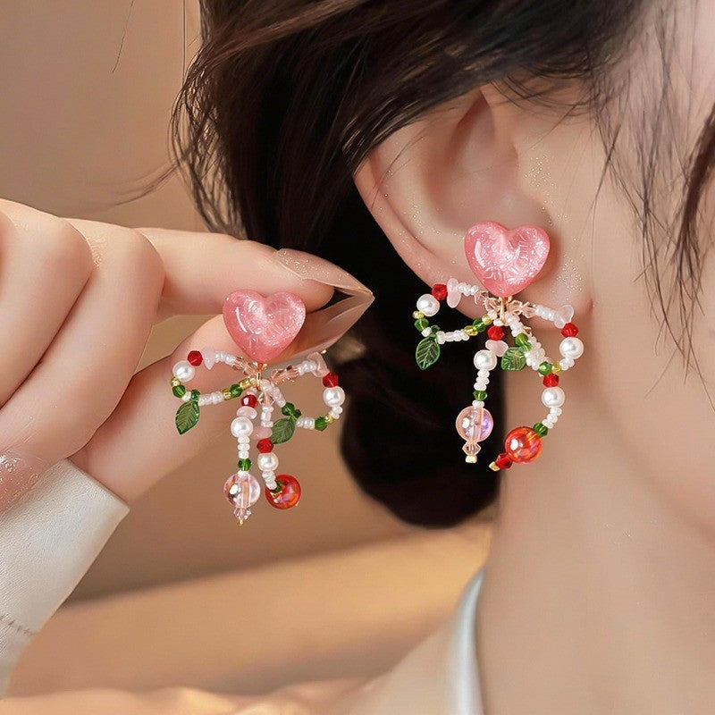 Romantic Pink Heart & Cherry Beaded Earrings