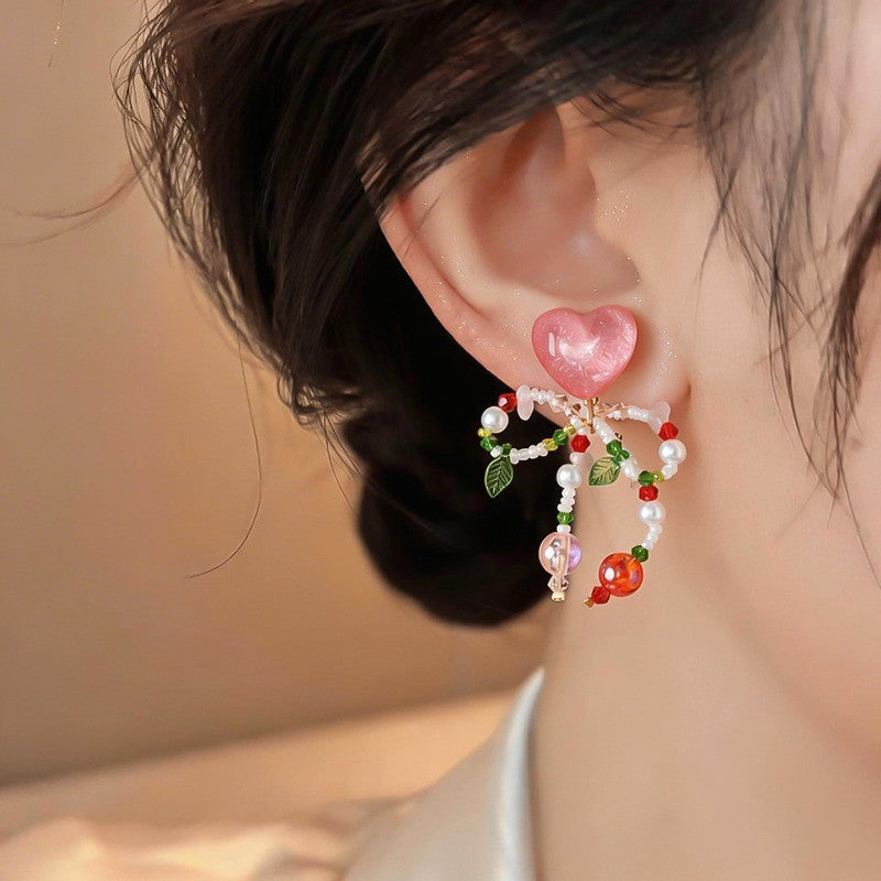 Romantic Pink Heart & Cherry Beaded Earrings
