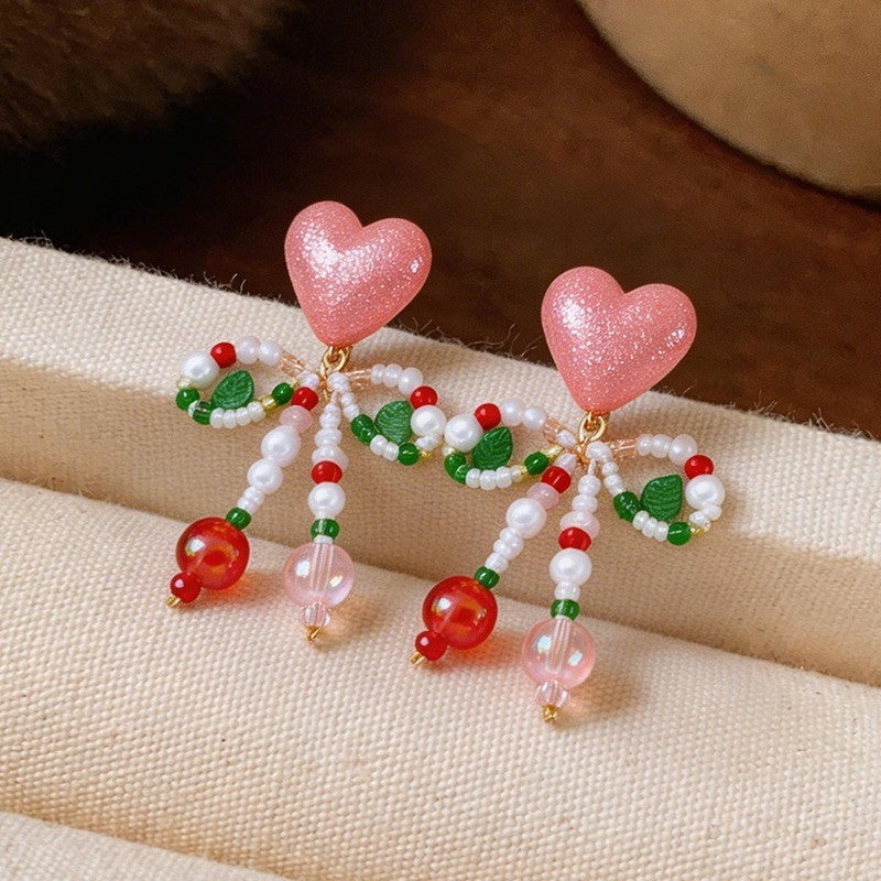 Romantic Pink Heart & Cherry Beaded Earrings