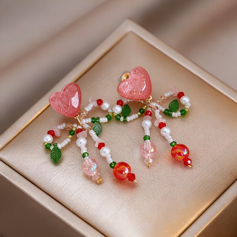 Romantic Pink Heart & Cherry Beaded Earrings