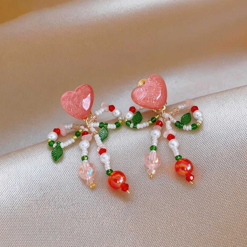 Romantic Pink Heart & Cherry Beaded Earrings