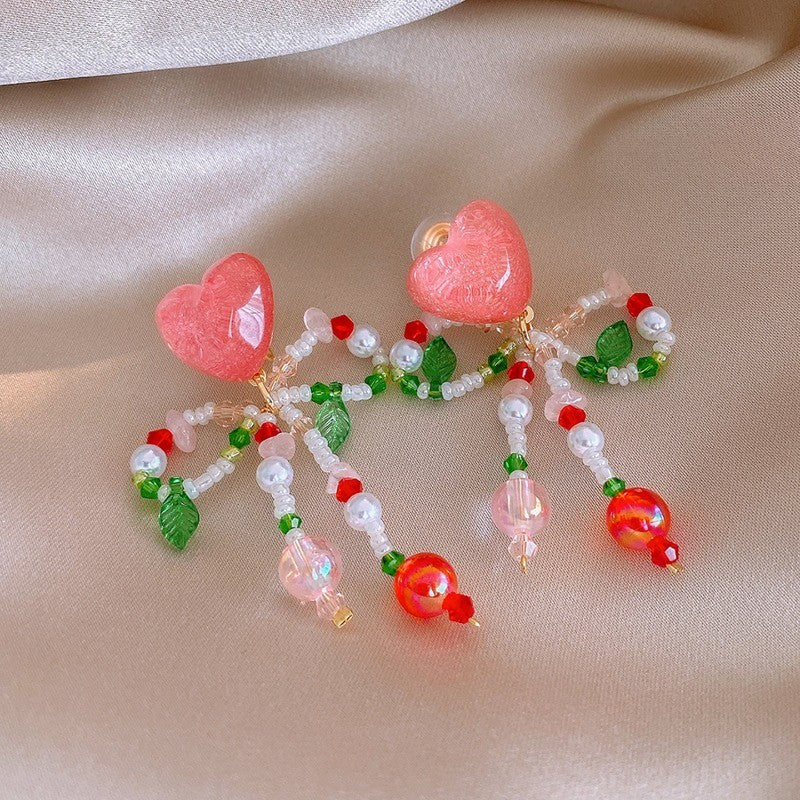 Romantic Pink Heart & Cherry Beaded Earrings