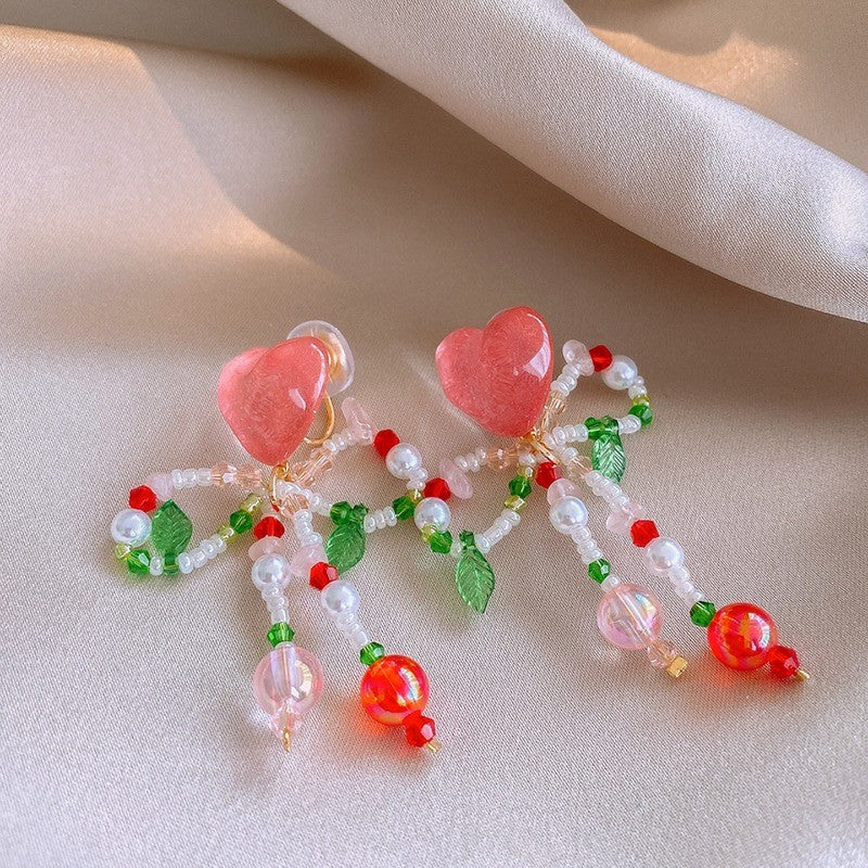 Romantic Pink Heart & Cherry Beaded Earrings