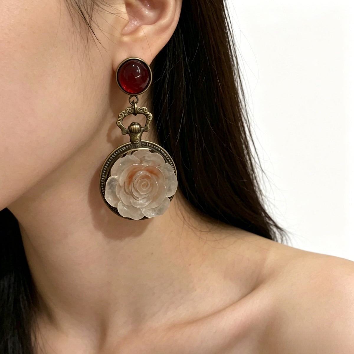 Vintage Red Bead Rose Drop Earrings