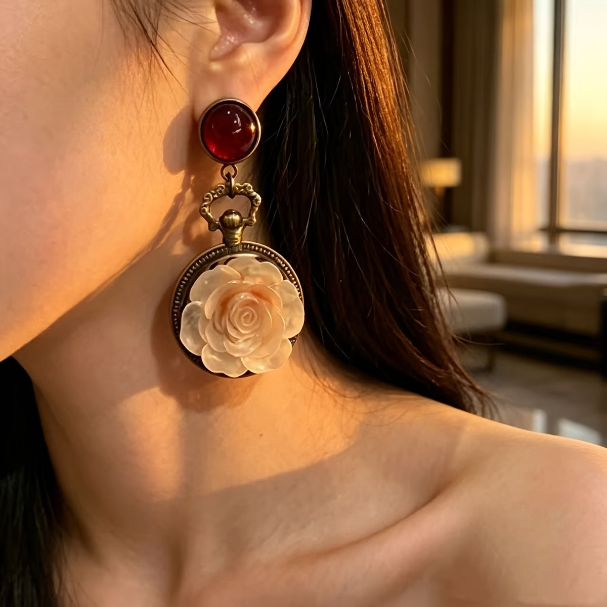 Vintage Red Bead Rose Drop Earrings