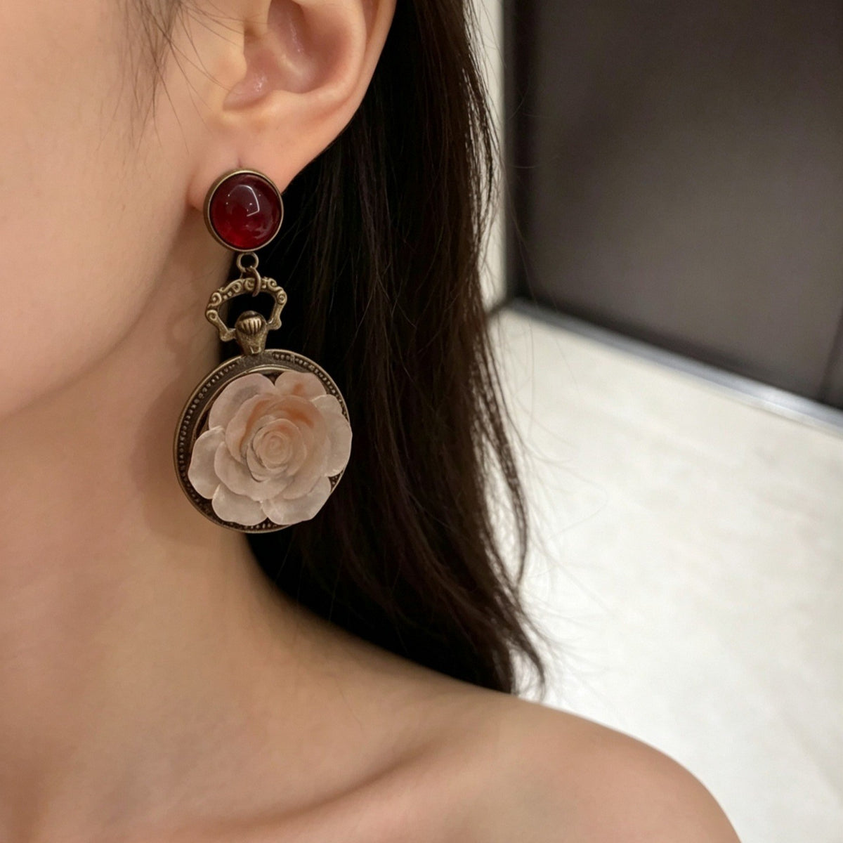Vintage Red Bead Rose Drop Earrings