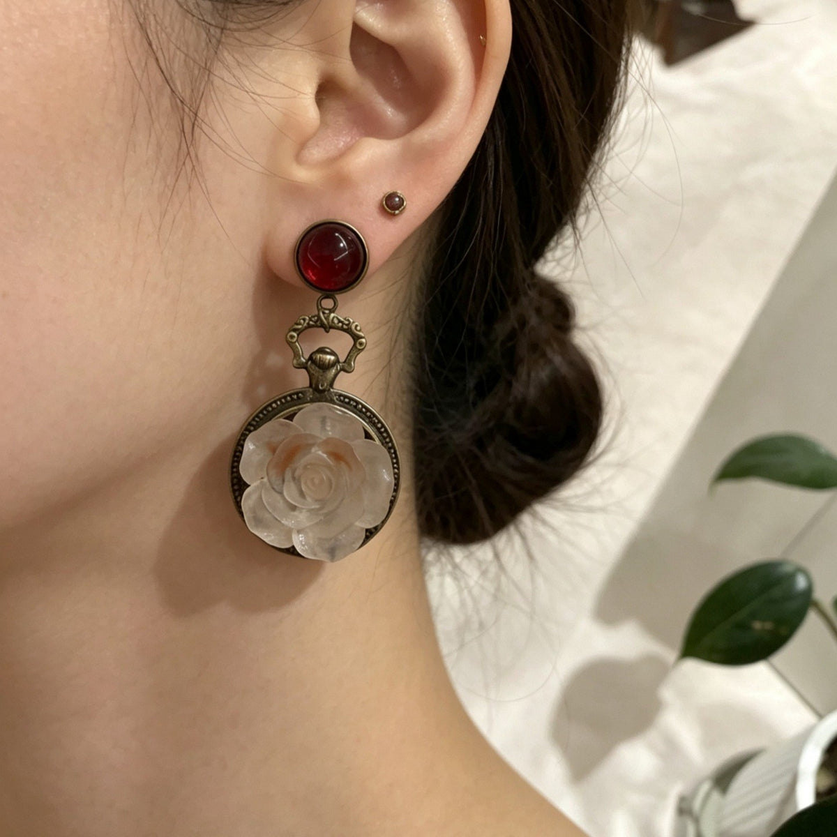 Vintage Red Bead Rose Drop Earrings