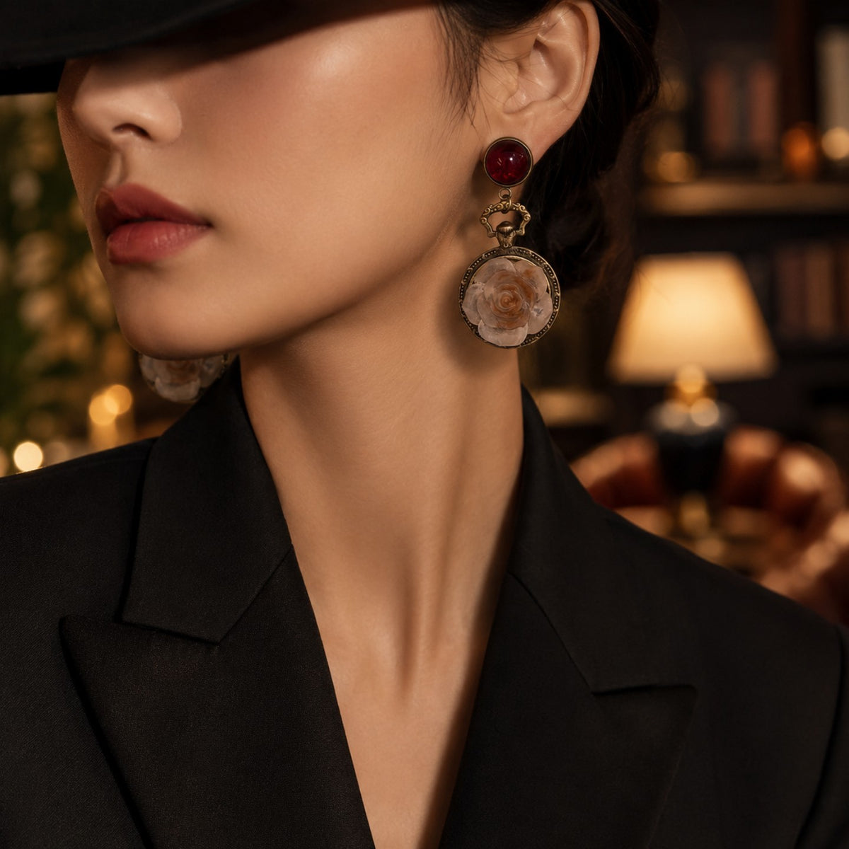 Vintage Red Bead Rose Drop Earrings