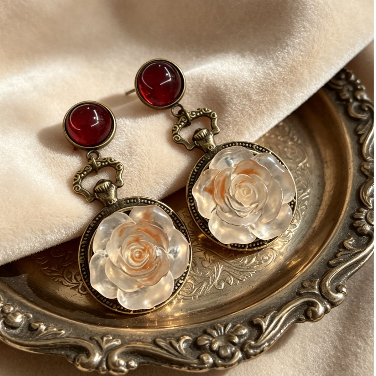 Vintage Red Bead Rose Drop Earrings