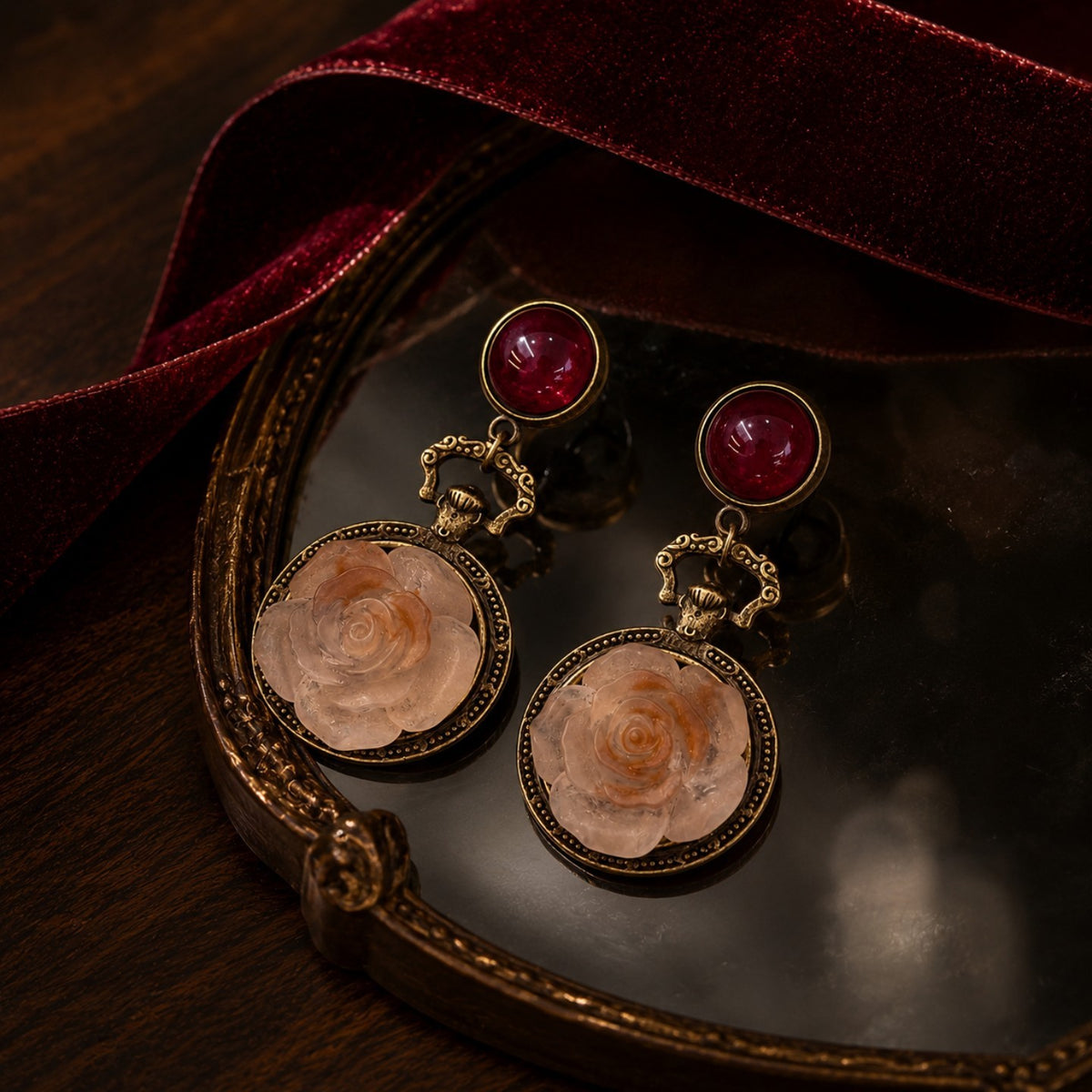Vintage Red Bead Rose Drop Earrings