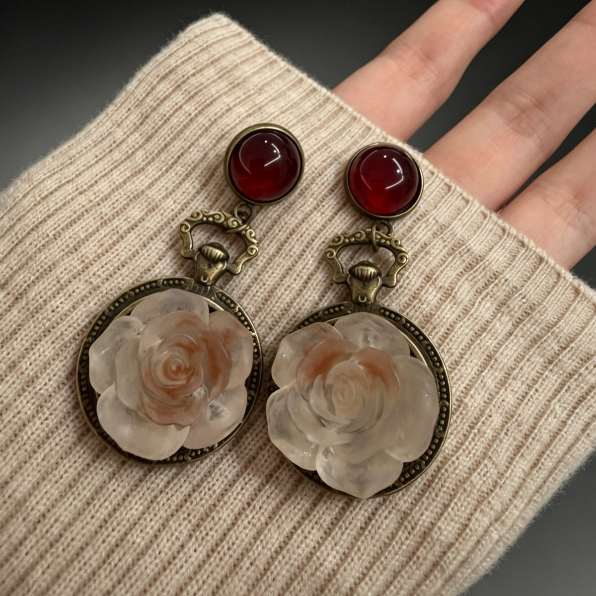 Vintage Red Bead Rose Drop Earrings