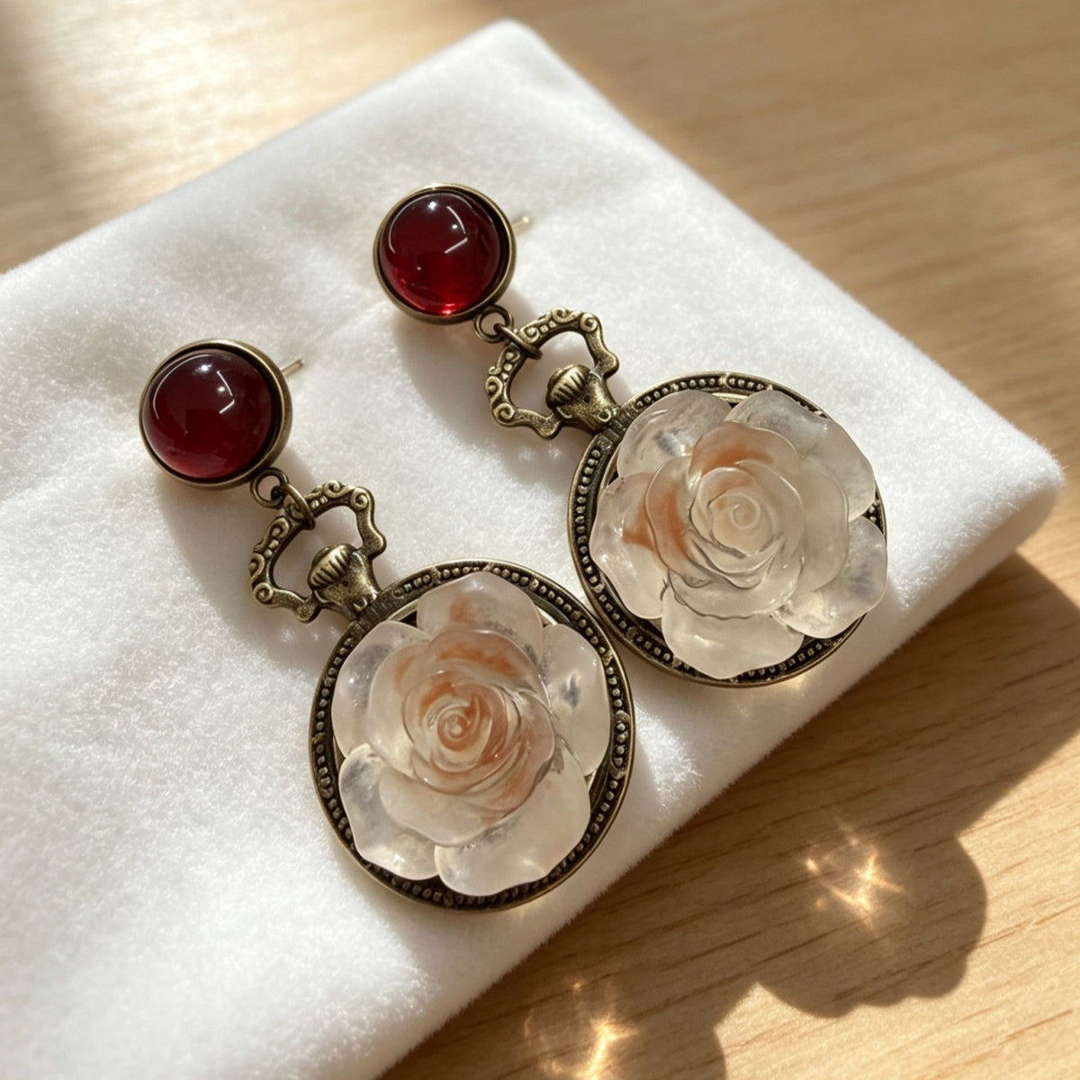 Vintage Red Bead Rose Drop Earrings
