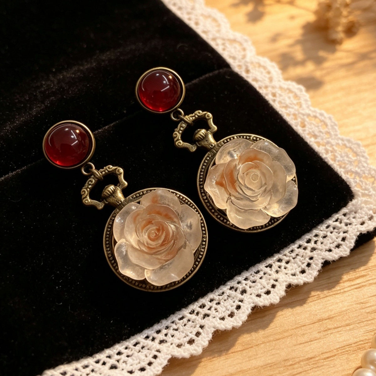 Vintage Red Bead Rose Drop Earrings
