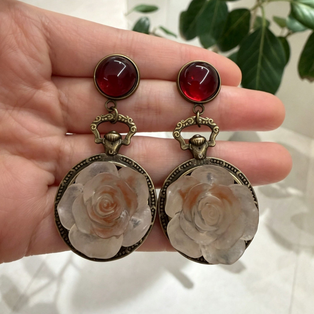 Vintage Red Bead Rose Drop Earrings