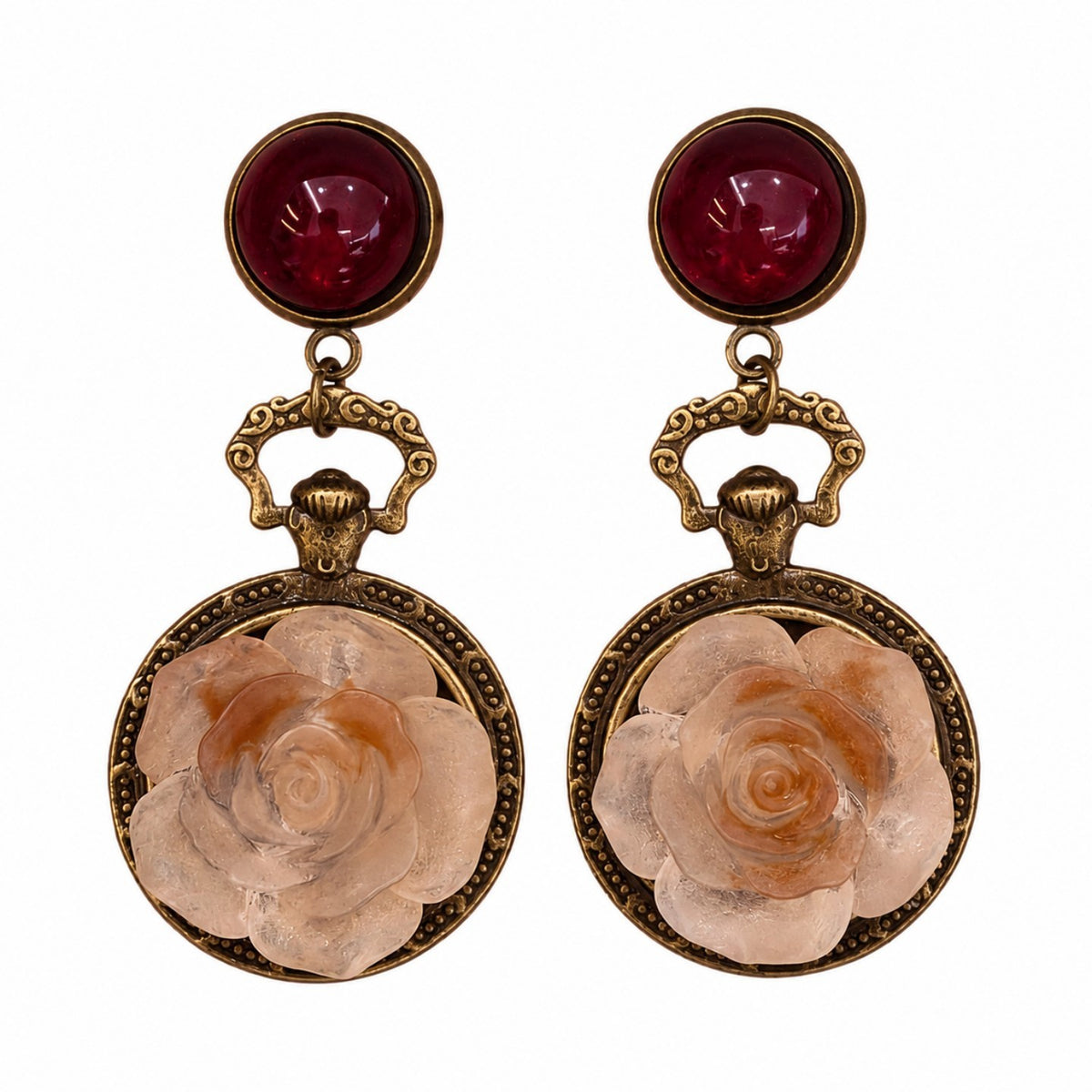 Vintage Red Bead Rose Drop Earrings