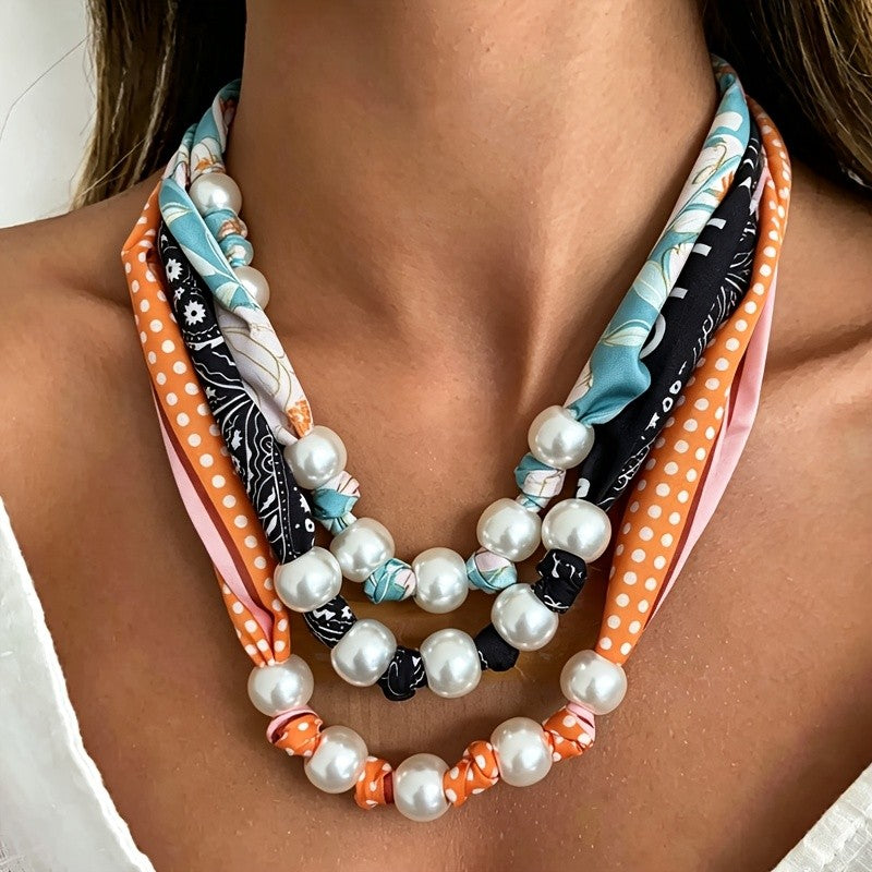 Boho Layered Scarf Pearl Necklace