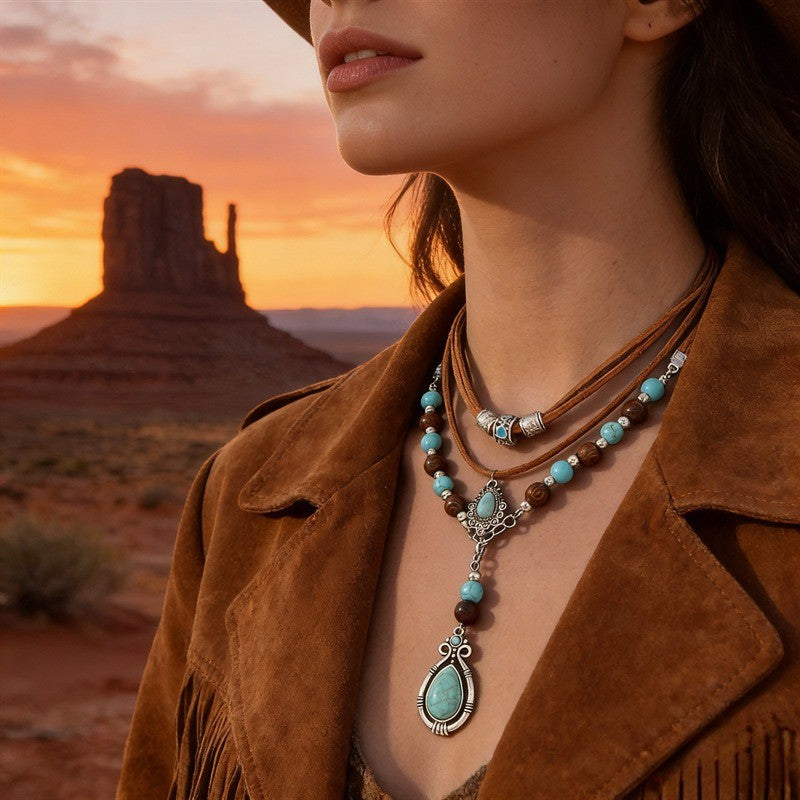 Boho Turquoise Layered Leather Necklace