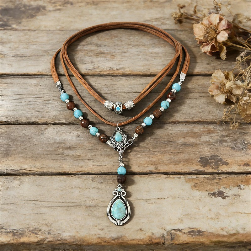 Boho Turquoise Layered Leather Necklace