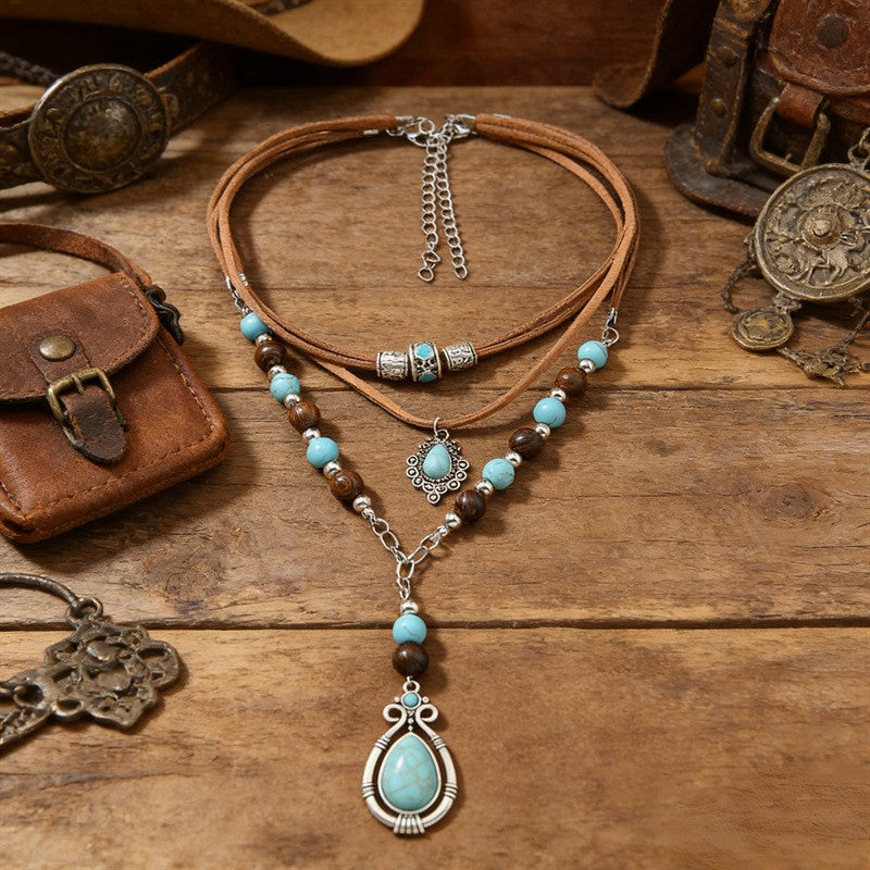 Boho Turquoise Layered Leather Necklace