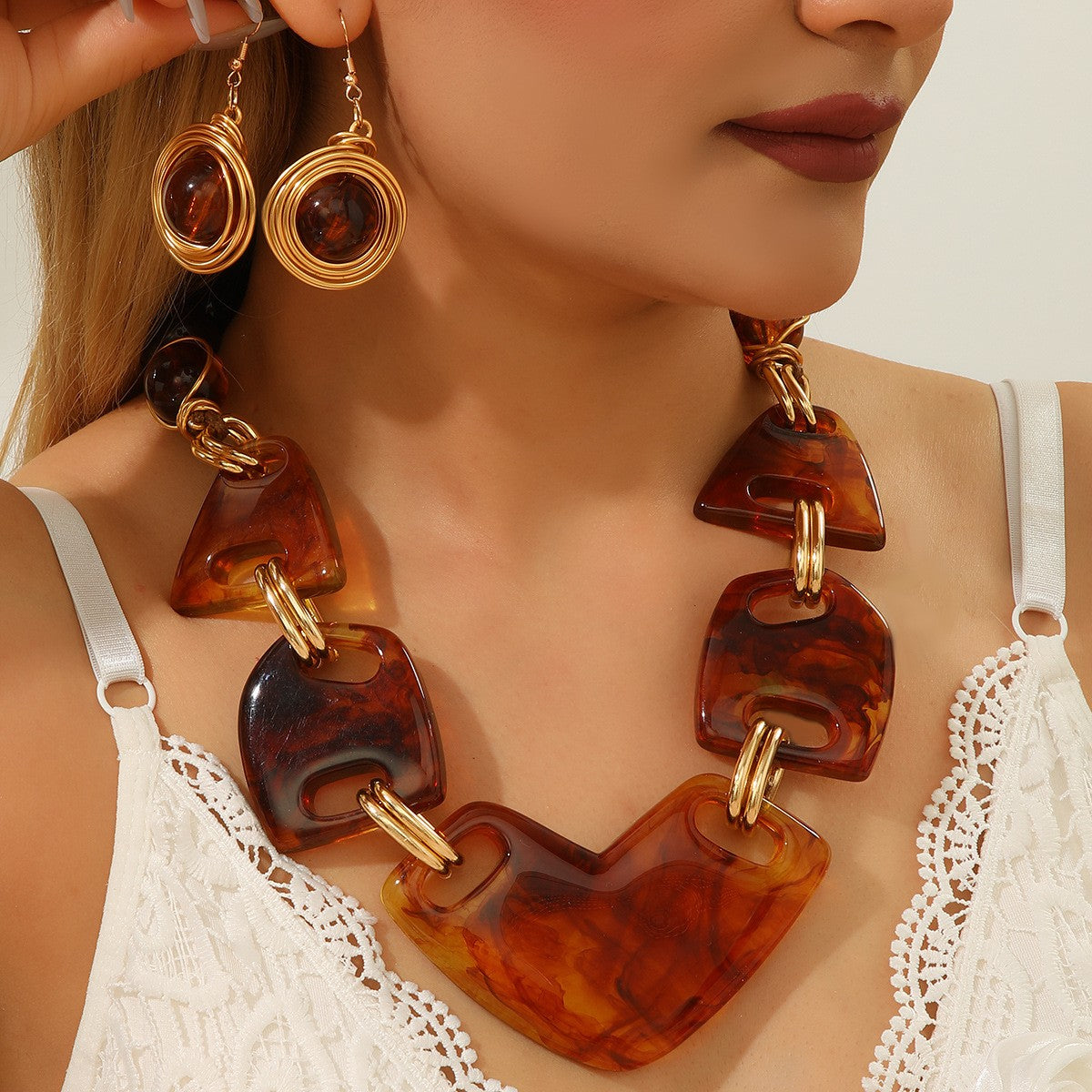 18k Boho Amber Resin Necklace & Earring Set