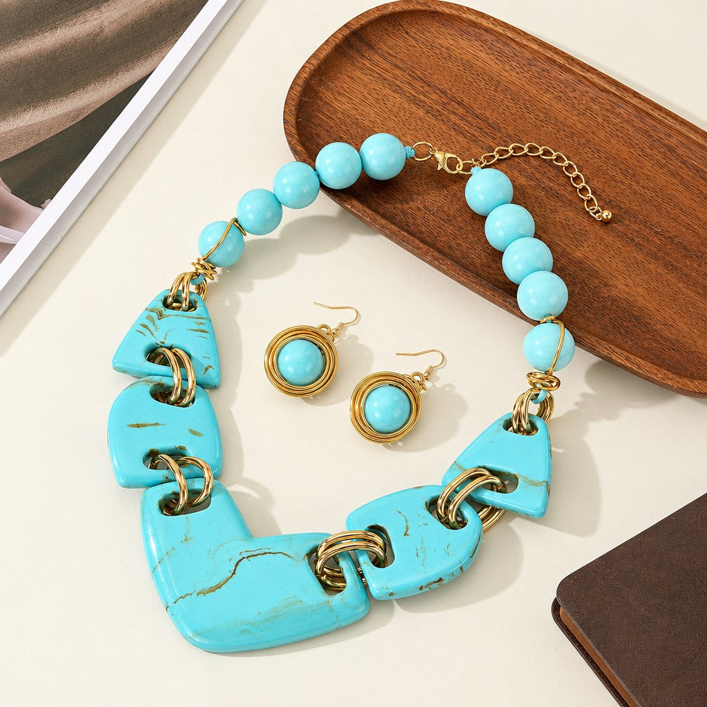 18k Boho Amber Resin Necklace & Earring Set