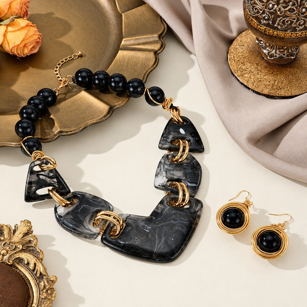 18k Boho Amber Resin Necklace & Earring Set