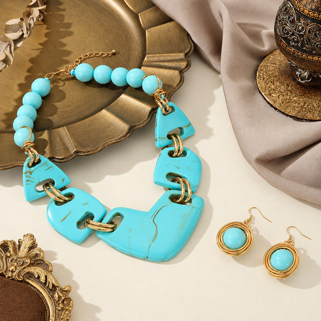 18k Boho Amber Resin Necklace & Earring Set