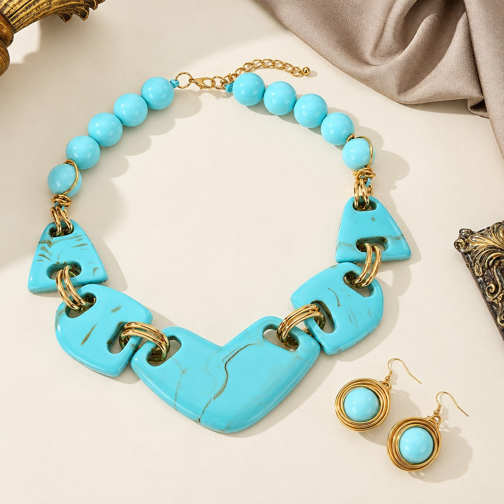 18k Boho Amber Resin Necklace & Earring Set