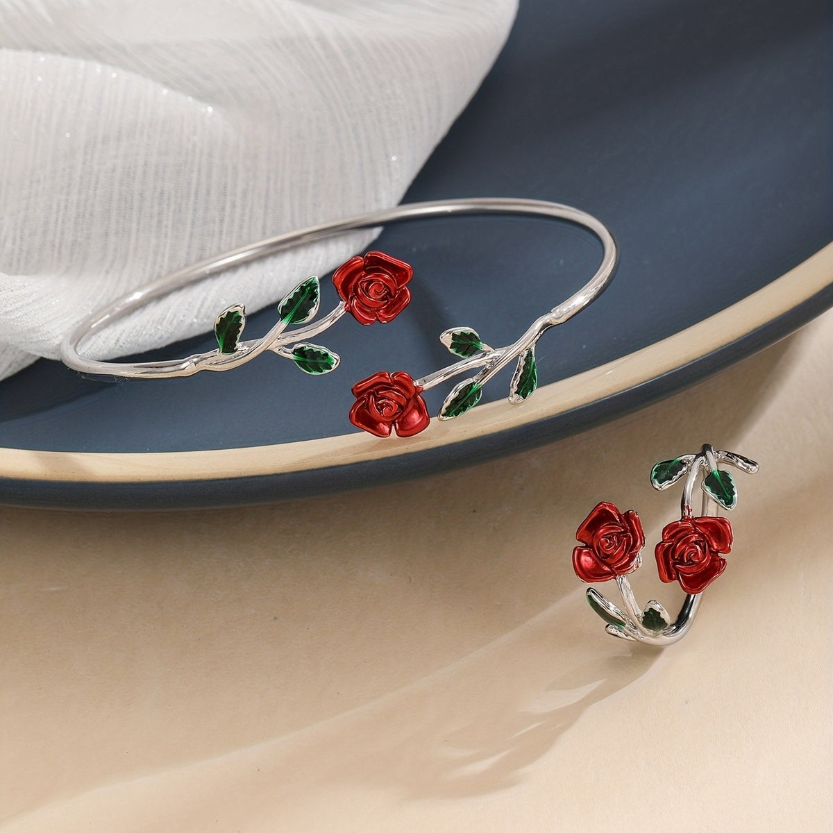 Romantic Pink Rose Flower Bracelet Ring Set