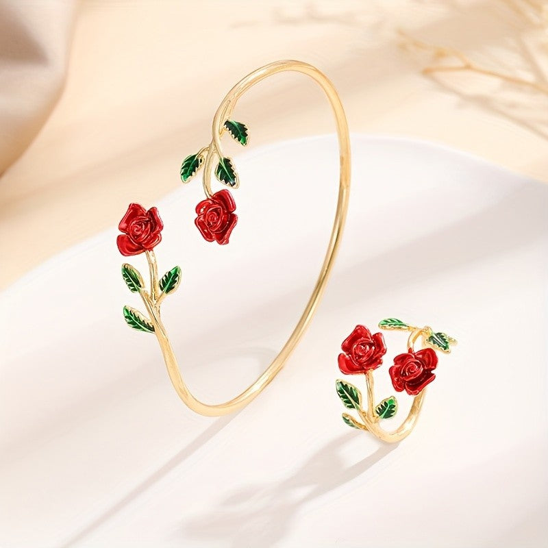 Romantic Pink Rose Flower Bracelet Ring Set