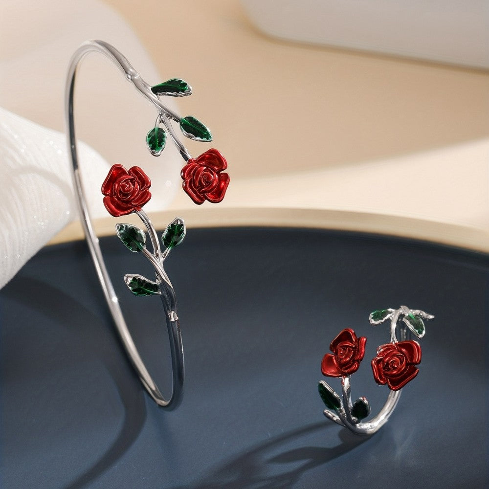 Romantic Pink Rose Flower Bracelet Ring Set