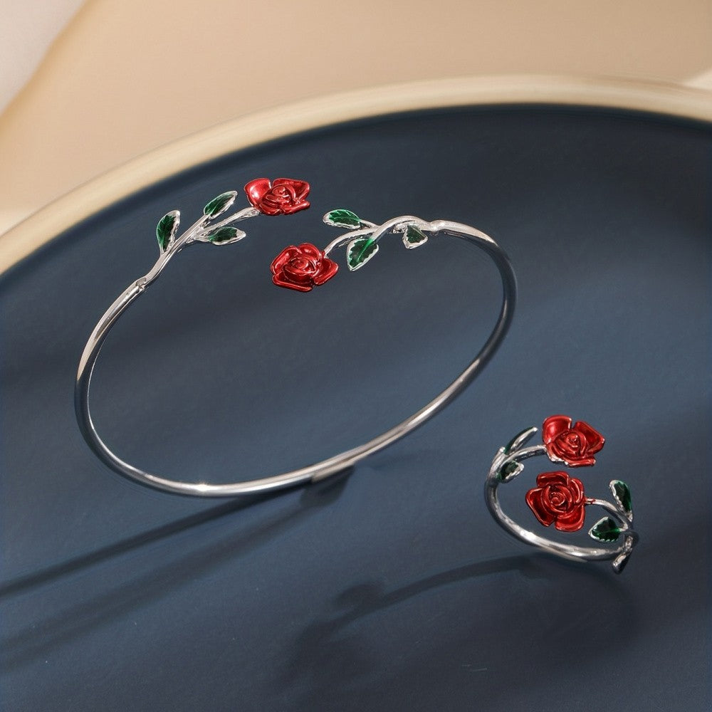 Romantic Pink Rose Flower Bracelet Ring Set