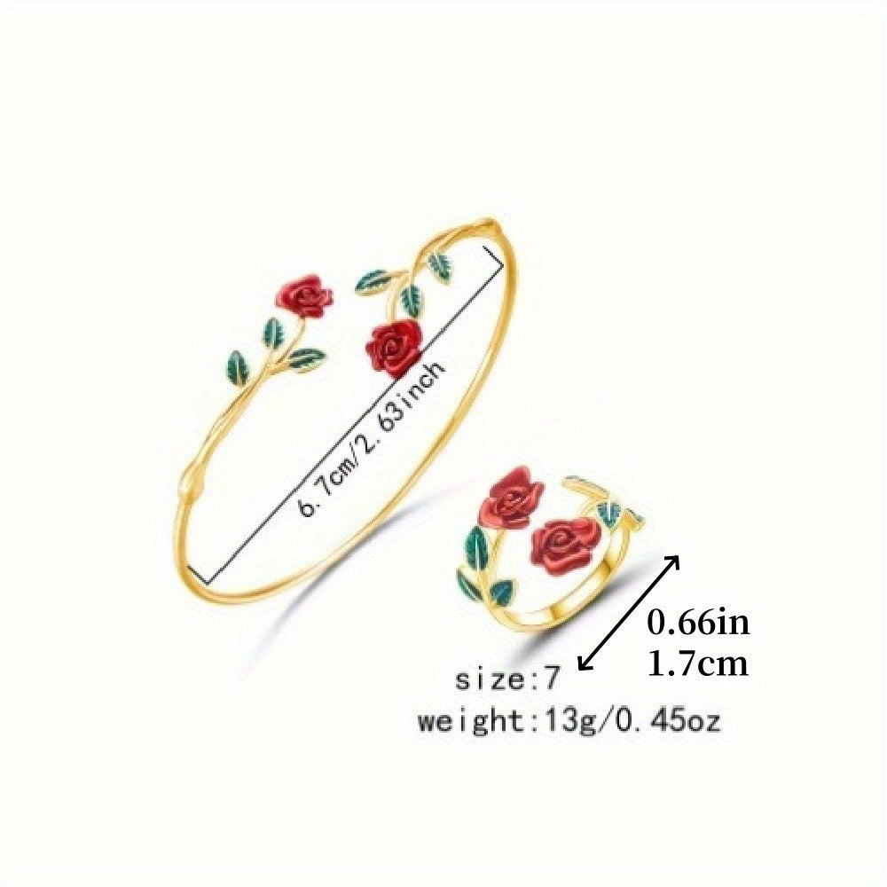 Romantic Pink Rose Flower Bracelet Ring Set