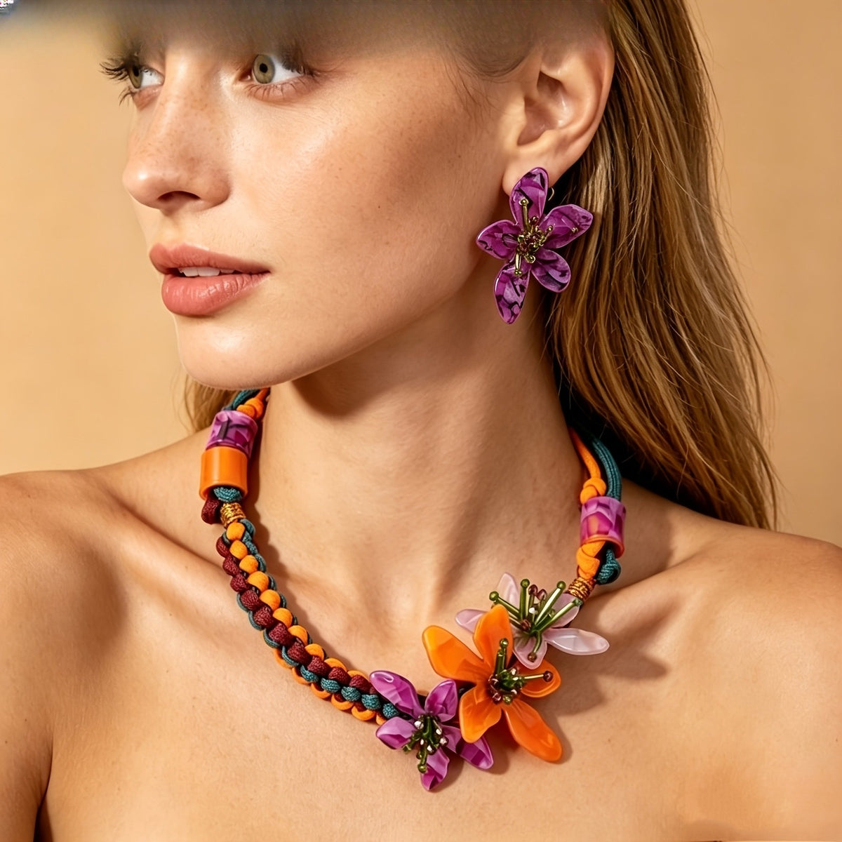 Boho Woven Floral Necklace & Earring Set