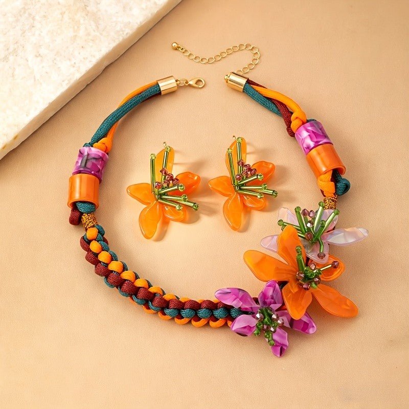 Boho Woven Floral Necklace & Earring Set