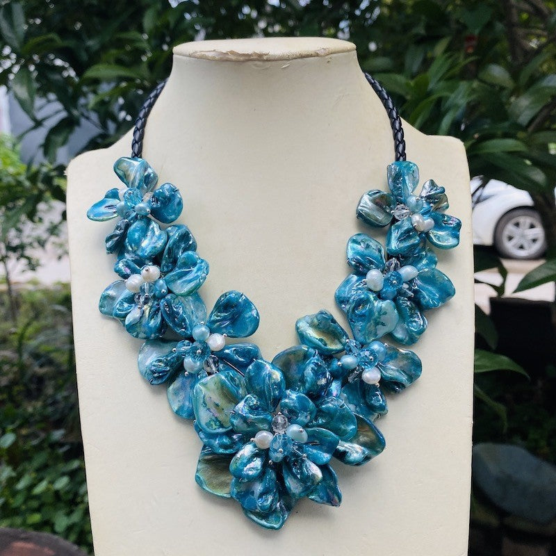 Romantic Blue Glass Flower Statement Necklace