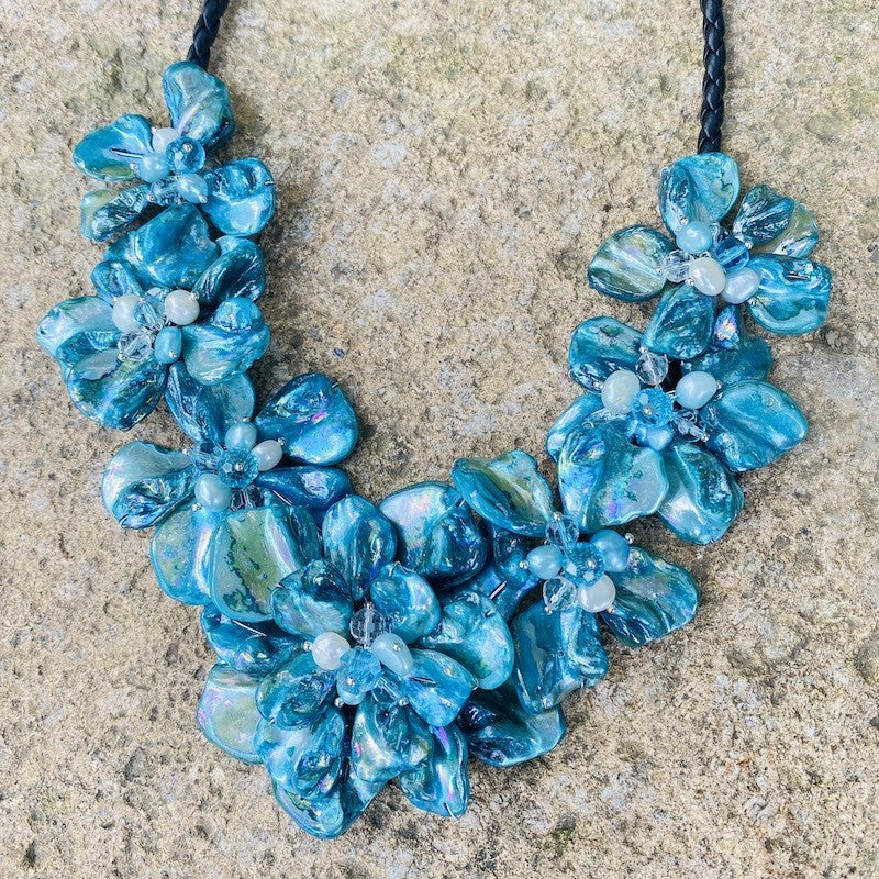 Romantic Blue Glass Flower Statement Necklace