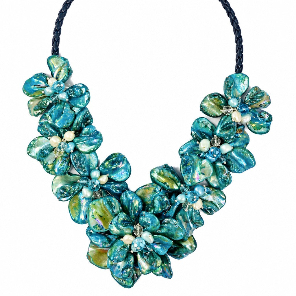 Romantic Blue Glass Flower Statement Necklace